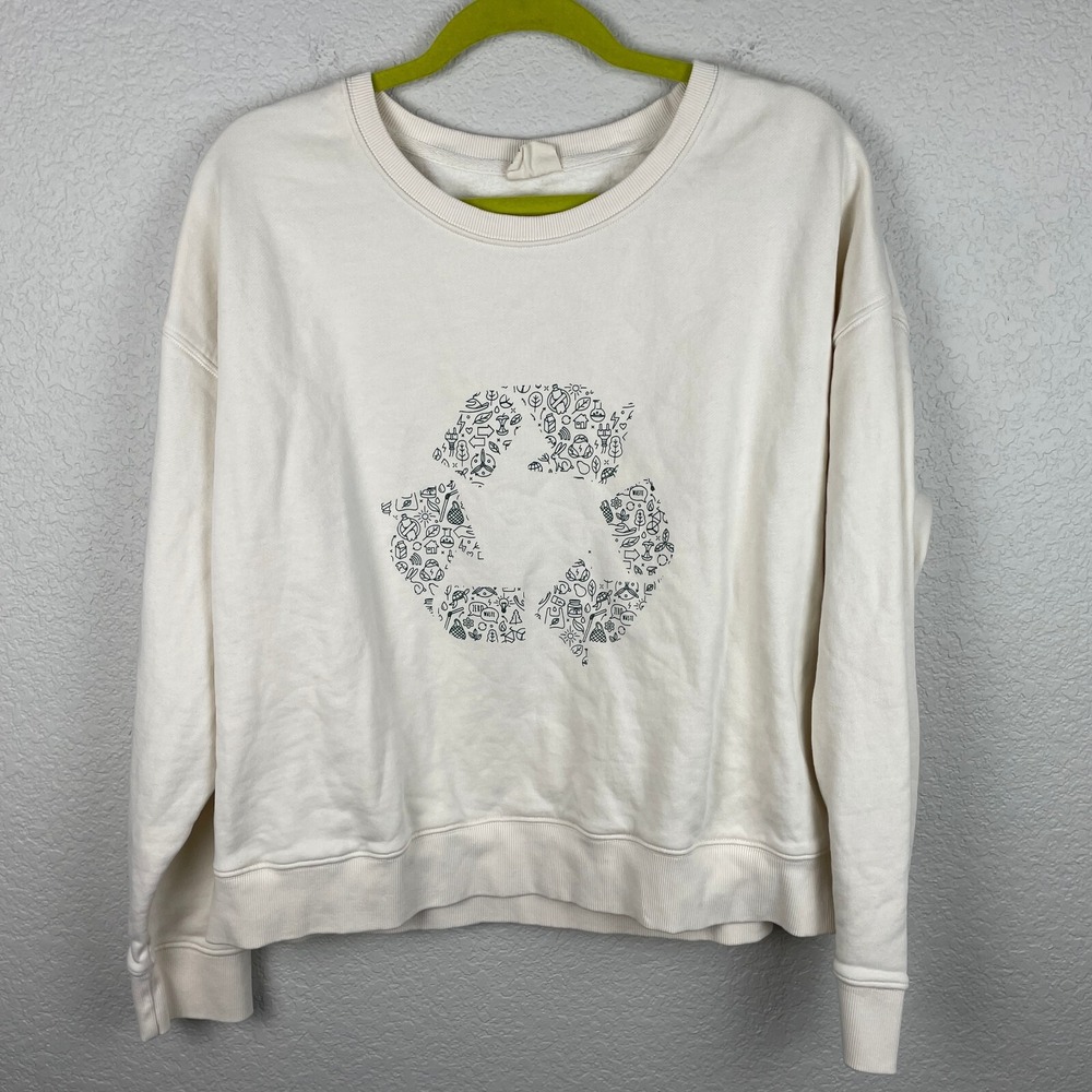 Pact Sweatshirt Womens XL Cream Recycle Graphic Gorpcore Pullover Shirt Organic